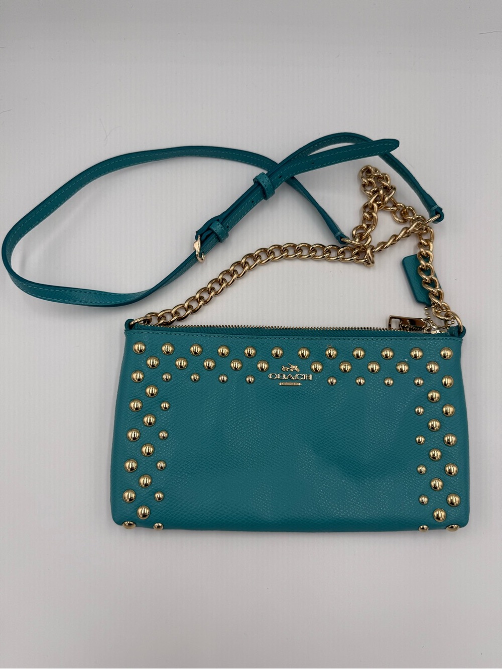 COACH Quinn Teal Leather Studded Crossbody with Gold Chain